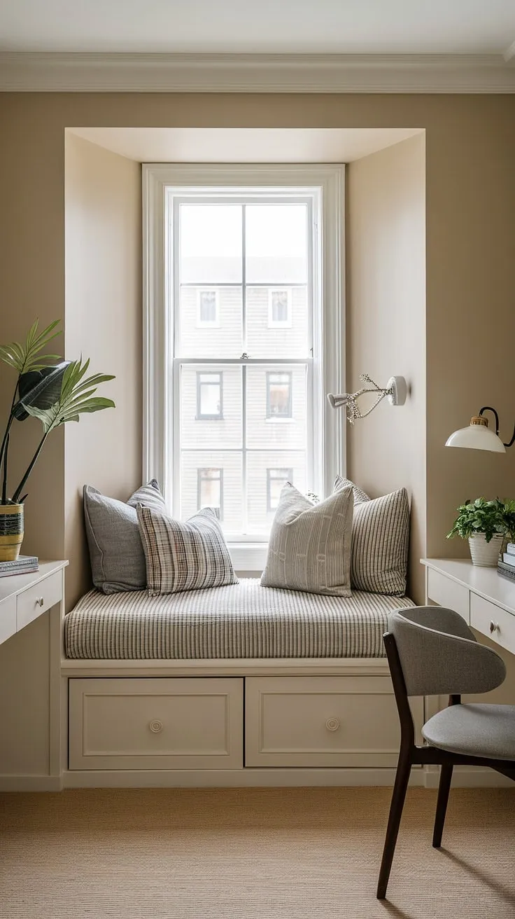 This built-in bed for small bedroom, nestled around the window, transforms this den bedroom into a haven of calm. The bed with built-in storage and small built-in bedroom design are perfect examples of space-saving built-in bed ideas and compact bedroom ideas for maximizing a small room.