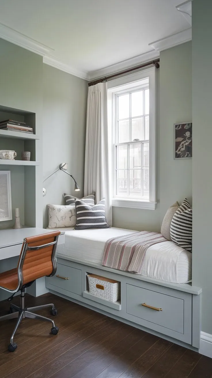 This small built-in bedroom boasts a built-in bed for small bedroom, maximizing every inch. The built-in bed around window and built-in furniture bedroom create a truly space-saving built-in bed idea, perfect for a den bedroom.