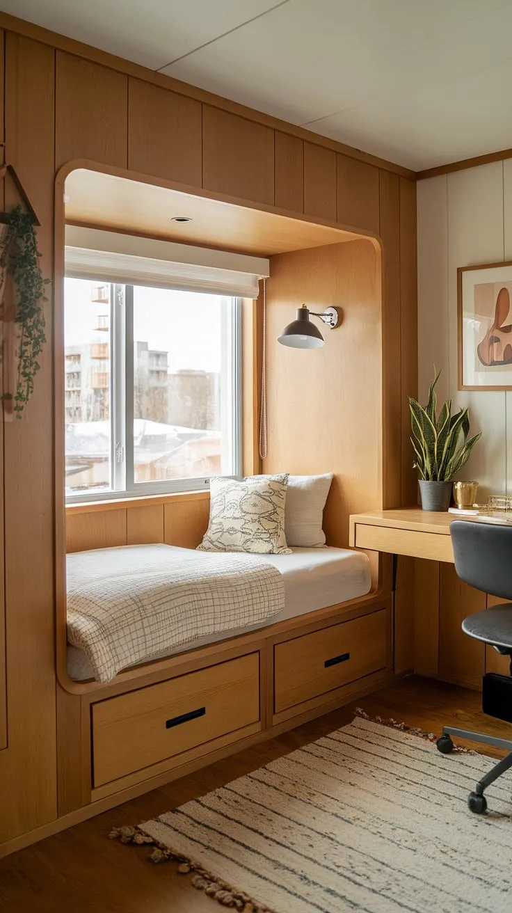 Cozy and functional, this den bedroom showcases a brilliant space-saving solution: a built-in single bed with storage nestled around the window. The built-in bed for small bedroom maximizes space, while the built-in furniture bedroom, including the bed with built-in storage, creates a streamlined and stylish small built-in bedroom. The wooden paneling adds warmth, and the desk and chair provide a dedicated workspace. This compact bedroom idea is perfect for maximizing comfort in a small room, showcasing the best of built-in bed small room and built-in bed around window designs.