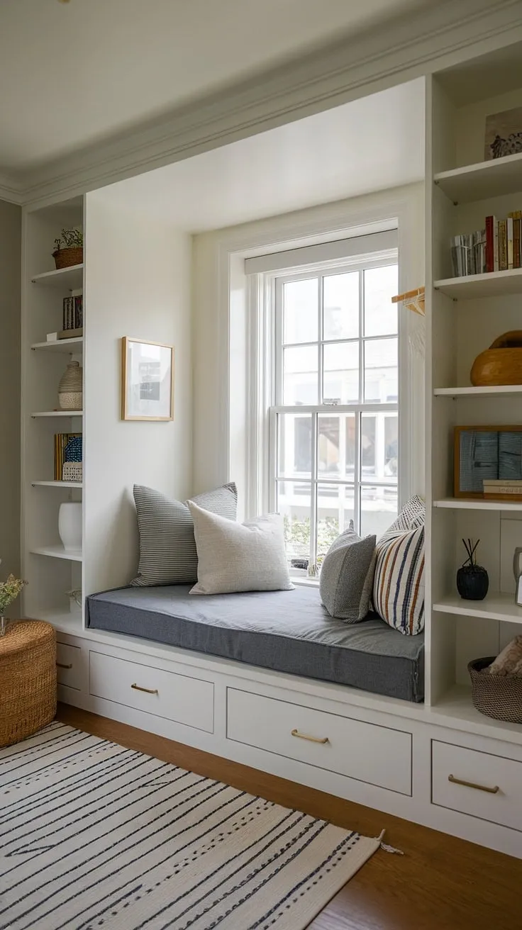 This small built-in bedroom proves that even the tiniest space can be a haven. A built-in bed for small bedrooms, cleverly built around the window and featuring ample storage, exemplifies space-saving built-in bed ideas. The built-in bed small room design is the ultimate in compact bedroom ideas and built-in furniture bedroom solutions.