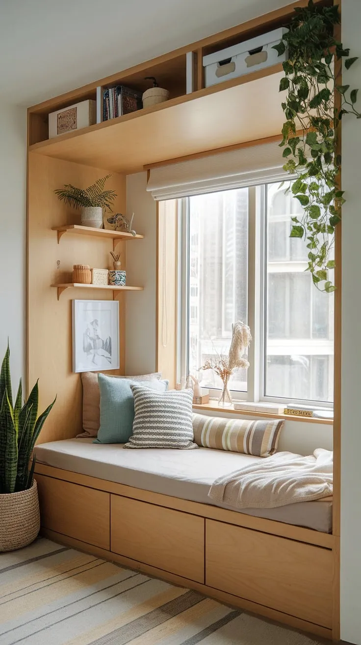 Maximize space and style in this cozy den bedroom. A built-in bed for small bedrooms, cleverly constructed around the window, provides ample storage and a unique focal point. This built-in single bed with storage showcases smart compact bedroom ideas and space-saving built-in bed ideas, perfect for a small built-in bedroom. The built-in furniture bedroom design, including the bed with built-in storage, creates a functional and aesthetically pleasing small room solution. A built-in bed around window maximizes natural light.