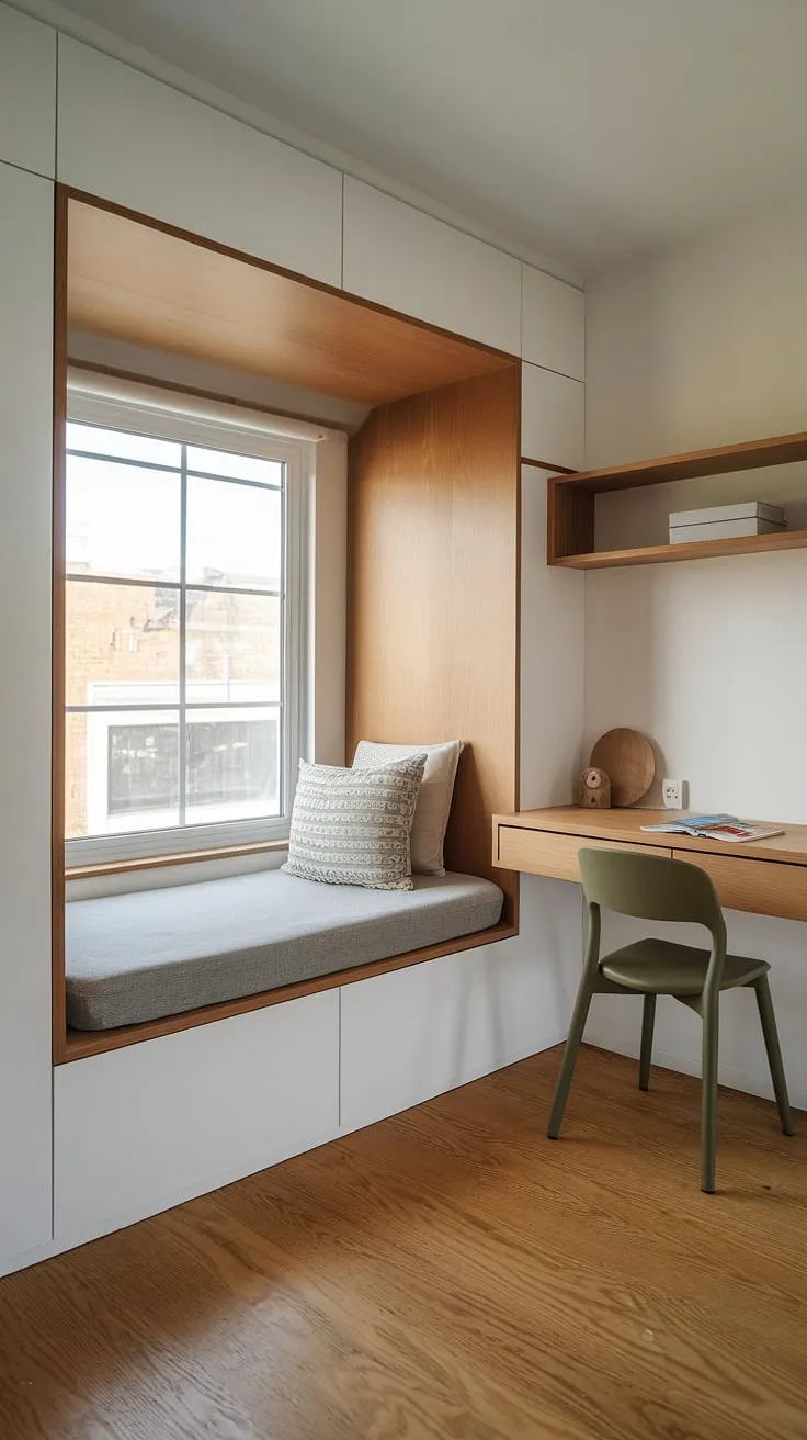 This cleverly designed den bedroom maximizes space with a built-in bed around the window, showcasing a perfect example of built-in bed for small bedroom solutions. The built-in single bed with storage offers ample space, while the built-in furniture bedroom, including a small desk and shelf, completes this compact bedroom ideas marvel. This space-saving built-in bed ideas design proves that even a small built-in bedroom can be both functional and stylish.