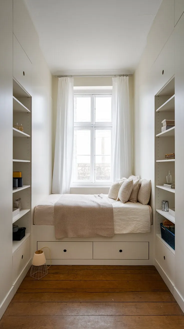 This small built-in bedroom boasts a stunning built-in bed around window, a brilliant space-saving built-in bed idea. The bed with built-in storage, featuring shelves and drawers, is a perfect solution for maximizing space in a compact bedroom. The built-in furniture bedroom design creates a cozy and functional den bedroom, proving that even a built-in bed for small bedroom can be stylish and comfortable.