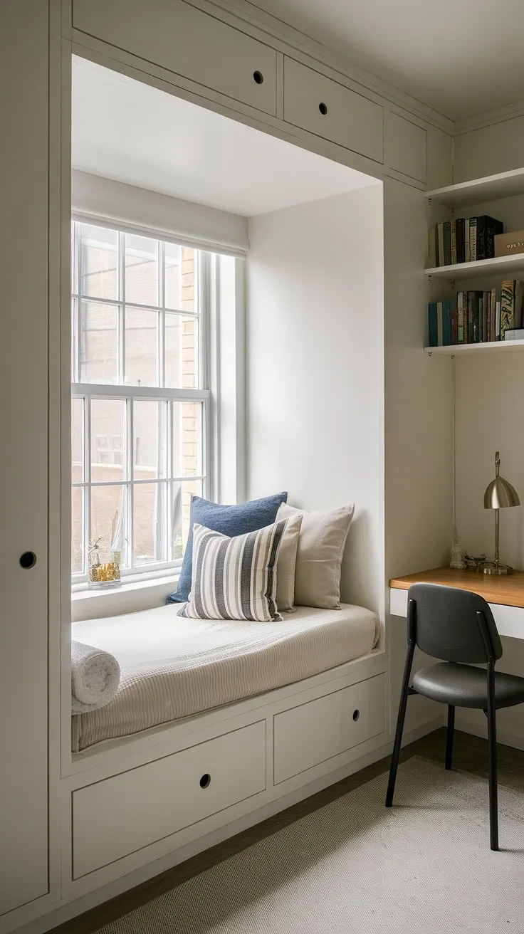 Maximize space and style in this charming den bedroom.  The built-in bed for small bedroom, cleverly positioned around the window, offers ample storage beneath. This built-in single bed with storage is the perfect solution for compact bedroom ideas, showcasing space-saving built-in bed ideas and built-in furniture bedroom design at its finest.  A built-in bed around window creates a cozy and functional small built-in bedroom. This bed with built-in storage is a dream come true for small rooms.