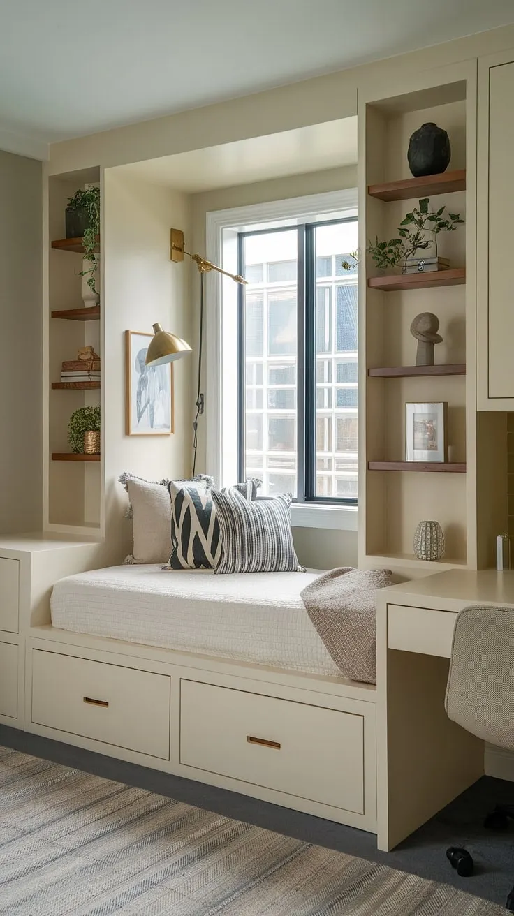 This built-in bed around window transforms a small room into a cozy and functional den bedroom.  The built-in bed for small bedroom boasts clever built-in single bed with storage solutions on either side, perfect for showcasing plants and personal items.  This compact bedroom design is a testament to space-saving built-in bed ideas and smart built-in furniture bedroom solutions.  The result? A stylish and efficient small built-in bedroom.