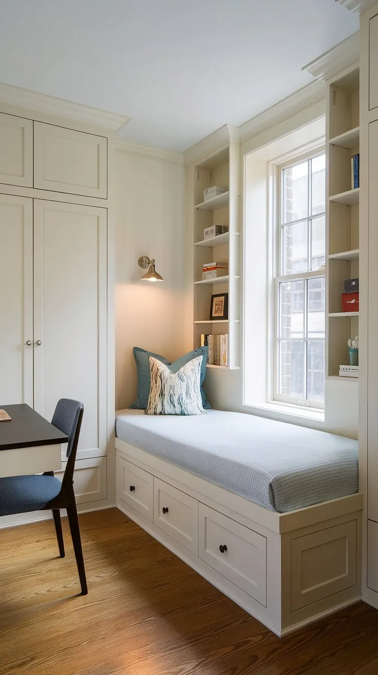 This compact bedroom design is the epitome of efficient living.  The built-in bed around window cleverly maximizes natural light while the bed with built-in storage keeps clutter at bay.  Built-in furniture bedroom pieces, like the wardrobe and desk, complete this small built-in bedroom, offering a stylish and functional space.  Explore these space-saving built-in bed ideas for your own den bedroom.  This built-in single bed with storage is a perfect example of how to create a comfortable and organized space in a small room.