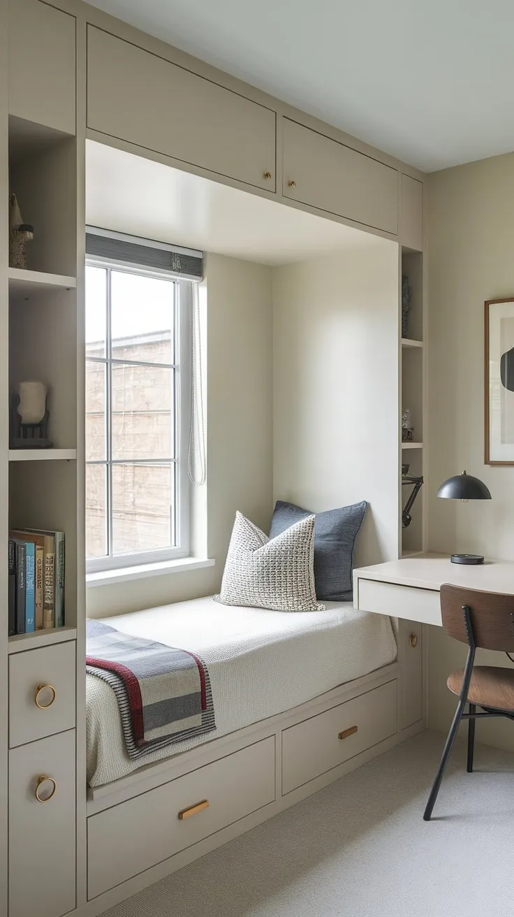This small built-in bedroom boasts a clever built-in bed for small bedroom, maximizing every inch. The built-in bed around window with storage on either side is a brilliant space-saving built-in bed idea, transforming this compact bedroom into a functional and stylish den bedroom.