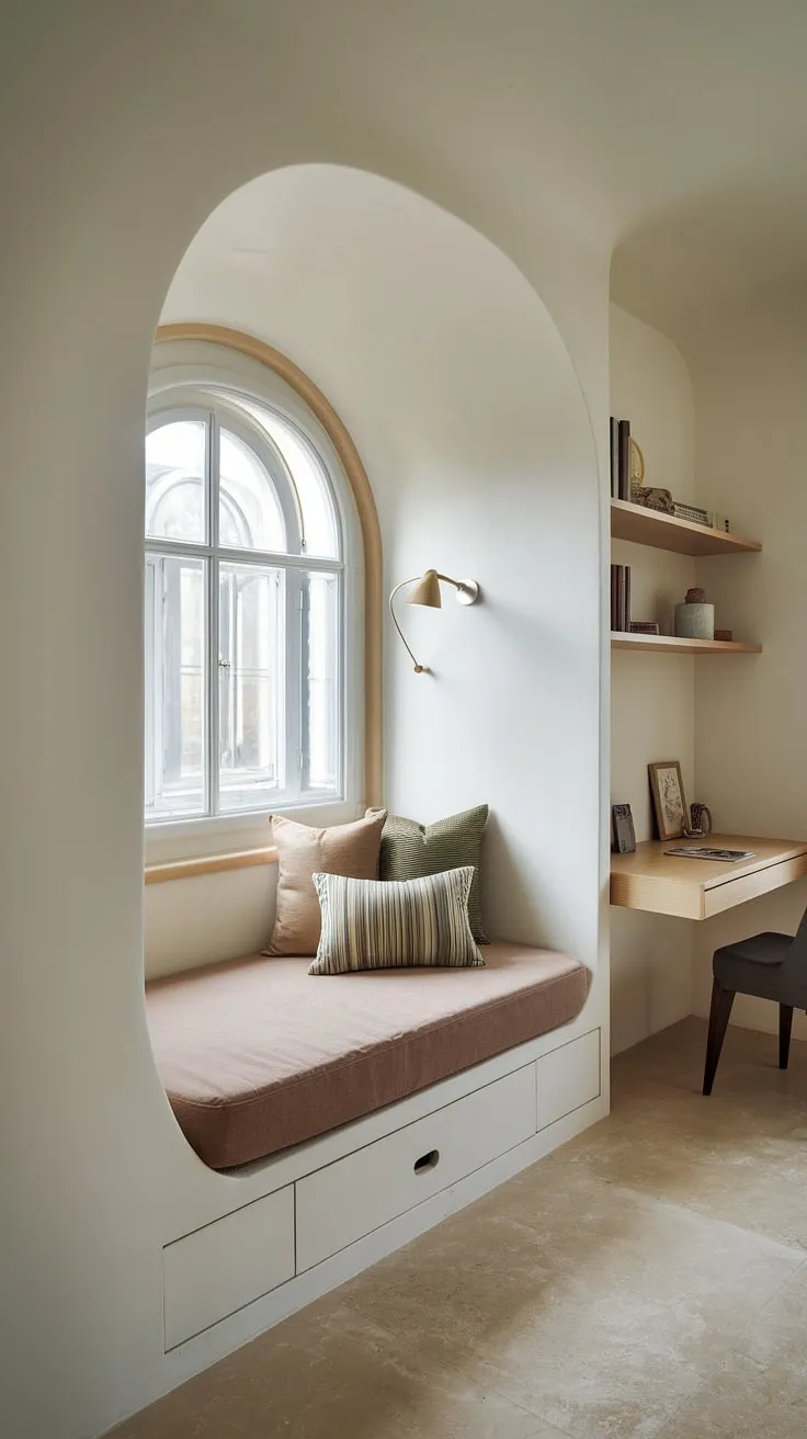 Cozy den bedroom maximized with a built-in bed around the window; clever space-saving built-in bed ideas for small rooms. This built-in single bed with storage and built-in furniture bedroom is the ultimate compact bedroom idea.
