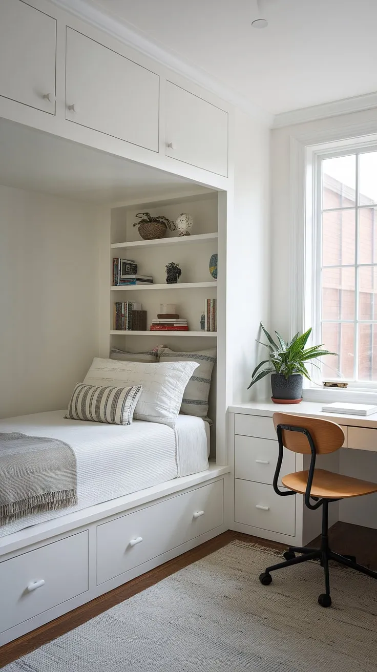 This small built-in bedroom boasts a built-in bed small room design, featuring a bed with built-in storage and a built-in bed for small bedroom. The built-in furniture bedroom showcases compact bedroom ideas and space-saving built-in bed ideas, maximizing every inch of this charming den bedroom.