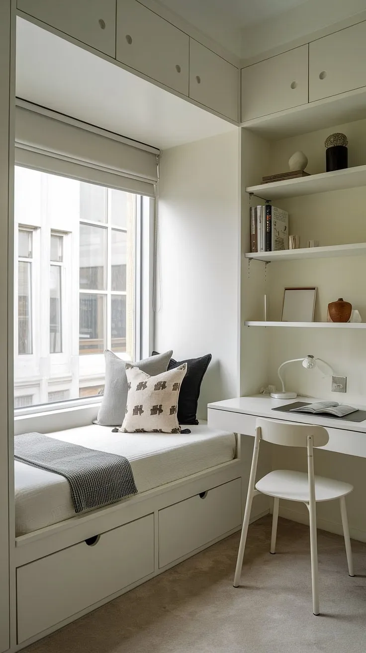 This small built-in bedroom is a masterclass in efficient design. A built-in bed for small bedroom, nestled around the window and featuring a bed with built-in storage, maximizes every inch. The built-in bed small room solution, combined with built-in furniture, offers the ultimate in compact bedroom ideas and space-saving built-in bed ideas for your den bedroom.
