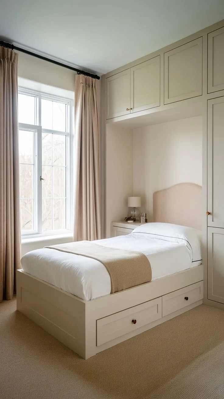 This small built-in bedroom boasts a built-in bed small room design, cleverly incorporating a built-in bed around window and built-in furniture bedroom. A bed with built-in storage, this den bedroom exemplifies space-saving built-in bed ideas for compact bedroom ideas.