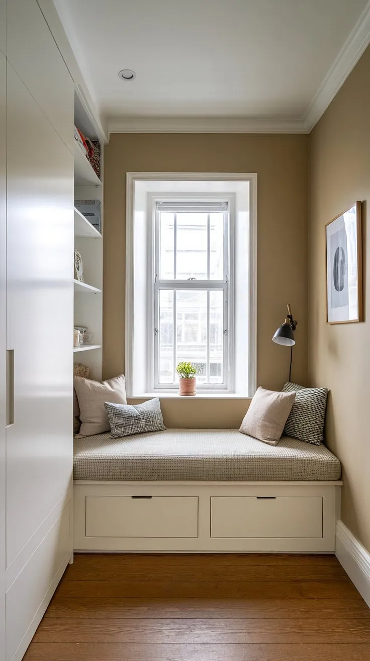 This den bedroom maximizes space with clever design. A built-in bed for small bedroom, nestled around the window, provides a cozy sleeping area and incorporates a built-in single bed with storage, showcasing brilliant space-saving built-in bed ideas. The white built-in wardrobe complements the beige walls, creating a small built-in bedroom that's both stylish and functional. This compact bedroom exemplifies compact bedroom ideas and the benefits of built-in furniture bedroom solutions. The built-in bed around window is a perfect example of a built-in bed small room solution, offering a bed with built-in storage.