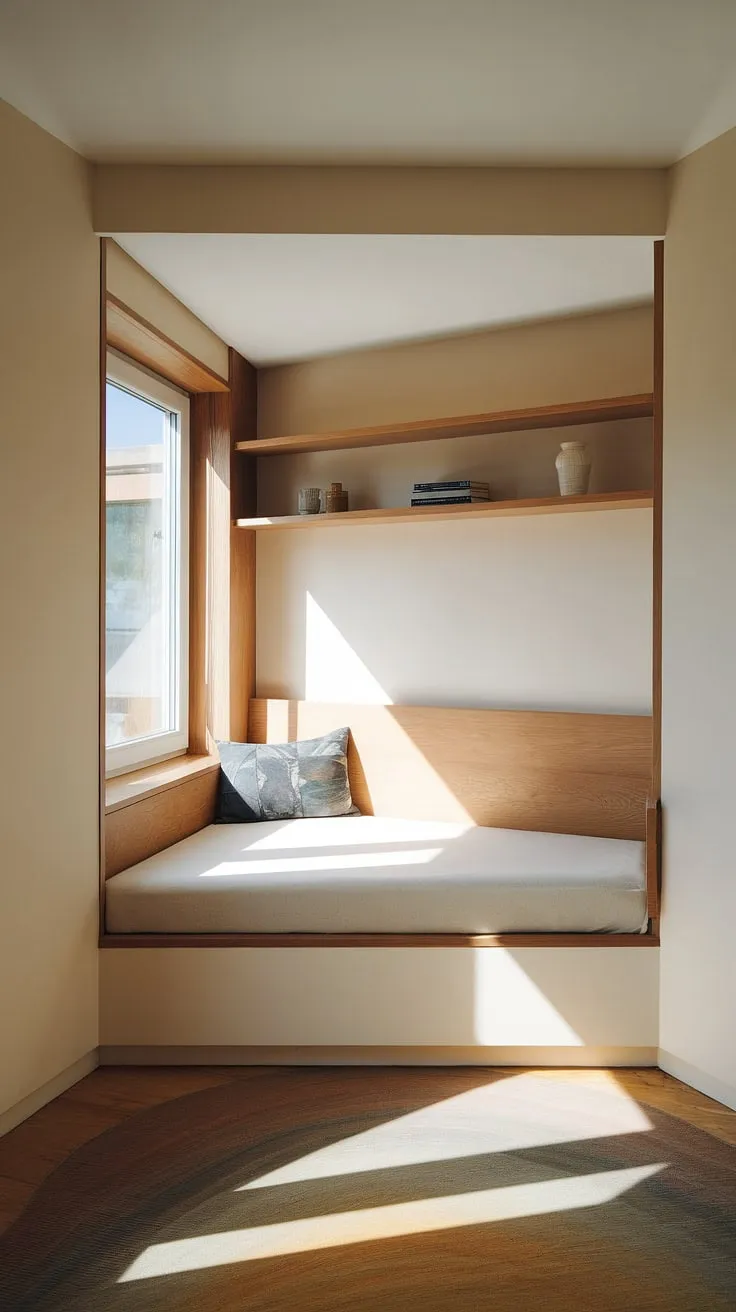 This small built-in bedroom is a masterclass in efficient design.  A built-in bed around the window floods the space with natural light, while the built-in furniture bedroom cleverly incorporates storage.  This built-in bed for small bedroom is the perfect example of compact bedroom ideas and space-saving built-in bed ideas, showcasing a built-in single bed with storage solution that's both beautiful and practical.  The bed with built-in storage makes the most of every inch in this den bedroom.