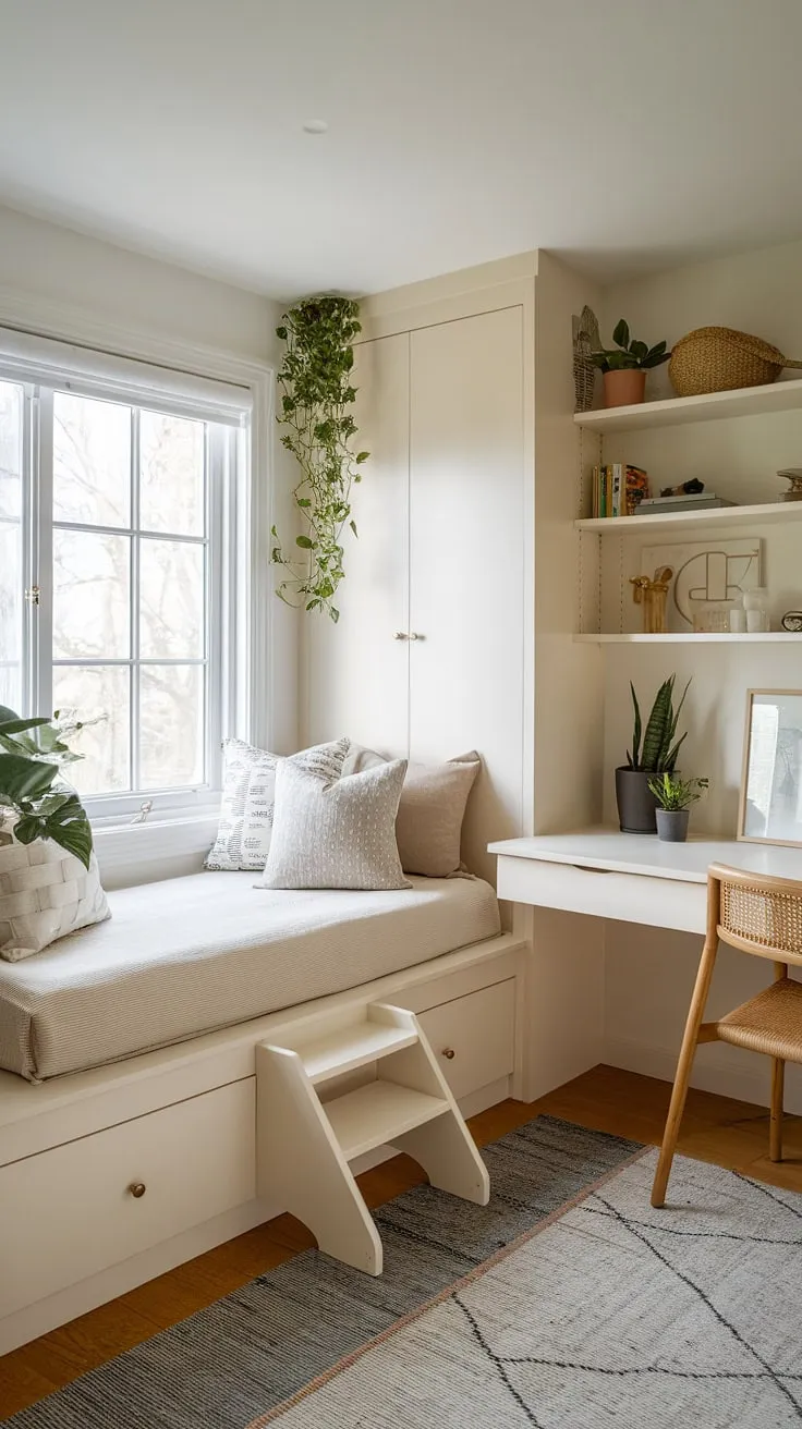 Maximize space and style in this dreamy den bedroom!  This small built-in bedroom boasts a built-in bed around window, a perfect space-saving built-in bed idea. The built-in single bed with storage and built-in furniture bedroom create a compact bedroom idea, proving that even the smallest rooms can be havens of comfort and functionality.