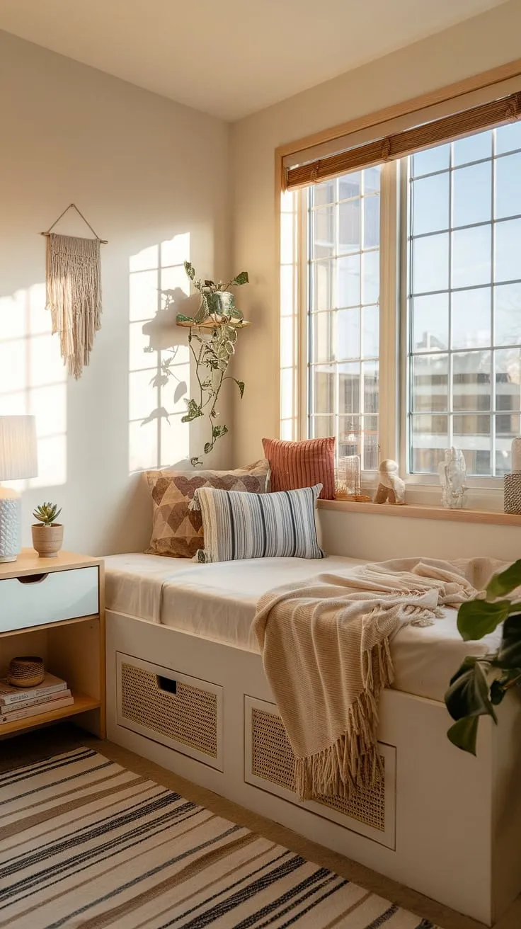 Sunlight streams into this cozy den bedroom, illuminating the clever built-in bed for small bedroom.  The built-in bed around window maximizes space, while the built-in single bed with storage underneath keeps things tidy.  This small built-in bedroom is a masterclass in compact bedroom ideas, showcasing space-saving built-in bed ideas and built-in furniture bedroom solutions.  A perfect example of how a built-in bed small room can feel spacious and inviting.