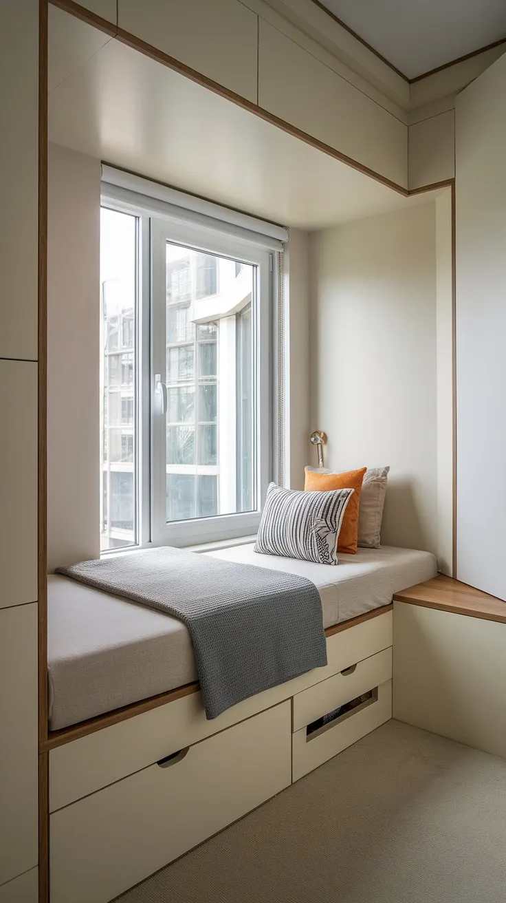 This small built-in bedroom is a masterclass in efficient design.  A built-in bed around window, complete with a bed with built-in storage, transforms this small room into a functional and stylish haven.  The built-in bed small room solution is perfect for those seeking compact bedroom ideas and space-saving built-in bed ideas.