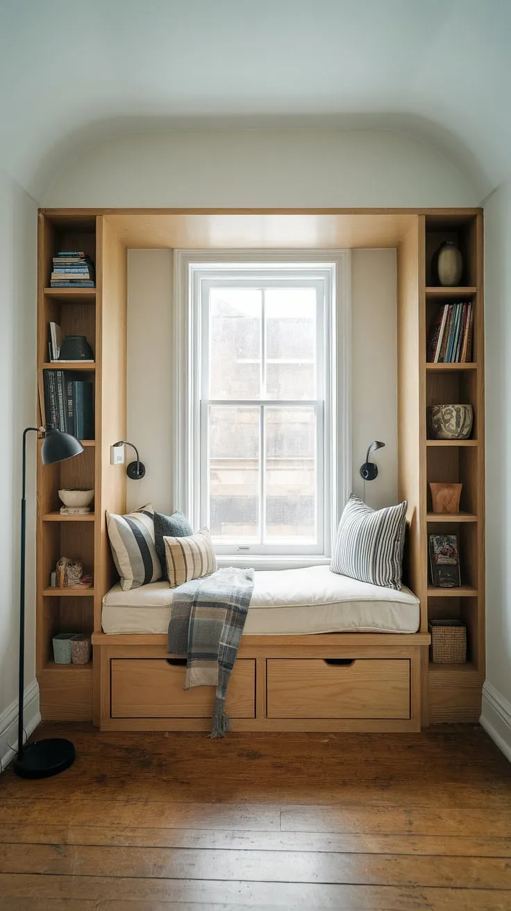 This small built-in bedroom boasts a stunning built-in bed around window, showcasing ingenious built-in furniture bedroom design.  The bed with built-in storage and reading lamp provides both comfort and practicality, making it the ideal built-in bed for small bedroom.  Explore these space-saving built-in bed ideas for your own compact bedroom ideas and transform a small room into a cozy den bedroom.