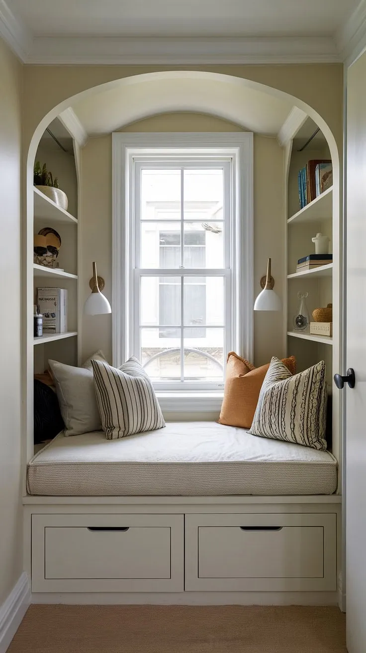 This small built-in bedroom is the epitome of space-saving built-in bed ideas.  The built-in bed for small bedroom is cleverly designed around the window, maximizing light and creating a unique focal point.  Built-in furniture, including a bed with built-in storage on both sides, completes this compact bedroom design.  A perfect example of built-in furniture bedroom solutions for a cozy and functional den bedroom.