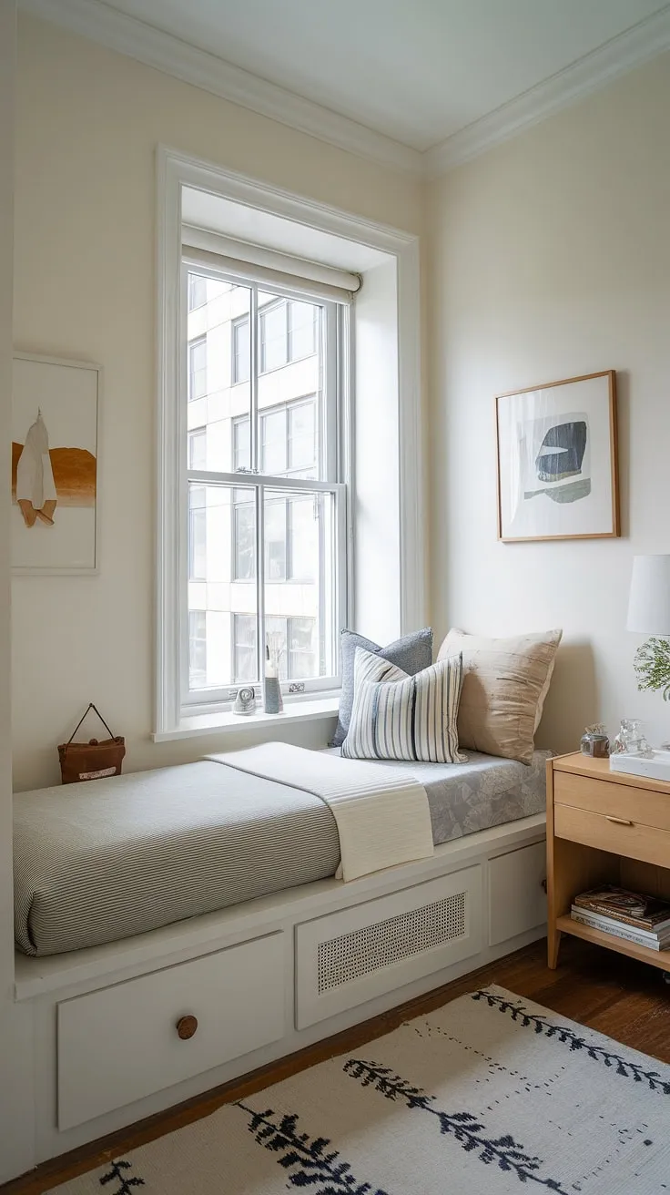 Maximize space and style in this charming den bedroom.  The built-in bed around the window, a built-in single bed with storage, is the perfect space-saving solution for small built-in bedrooms. This compact bedroom idea showcases built-in furniture bedroom design at its finest, offering a built-in bed for small bedrooms with ample storage beneath.  A testament to clever built-in bed small room solutions.