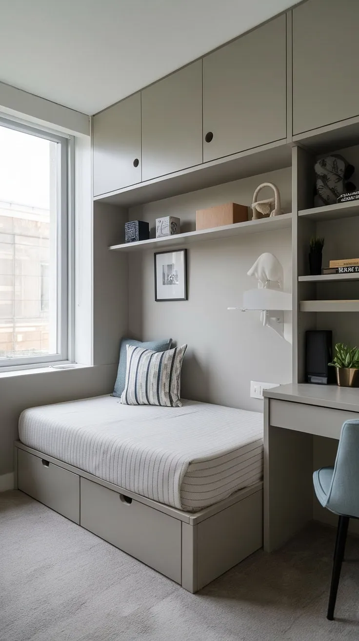 This built-in bed small room is the epitome of efficient design.  The built-in bed around window maximizes natural light while the built-in bed for small bedroom provides abundant storage.  Perfect for a compact bedroom, this built-in furniture bedroom exemplifies space-saving built-in bed ideas and offers a stylish solution for a built-in single bed with storage.  A true den bedroom dream.