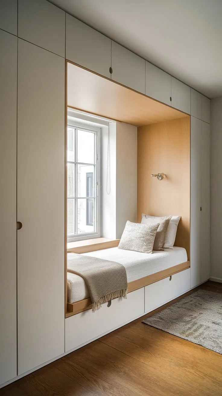 Maximize your space with this ingenious built-in single bed with storage, perfectly designed around the window.  This small built-in bedroom showcases compact bedroom ideas and space-saving built-in bed ideas, transforming a den bedroom into a cozy and functional haven. The built-in bed for small bedroom offers ample storage on both sides, making it the ultimate built-in furniture bedroom solution for a built-in bed small room.