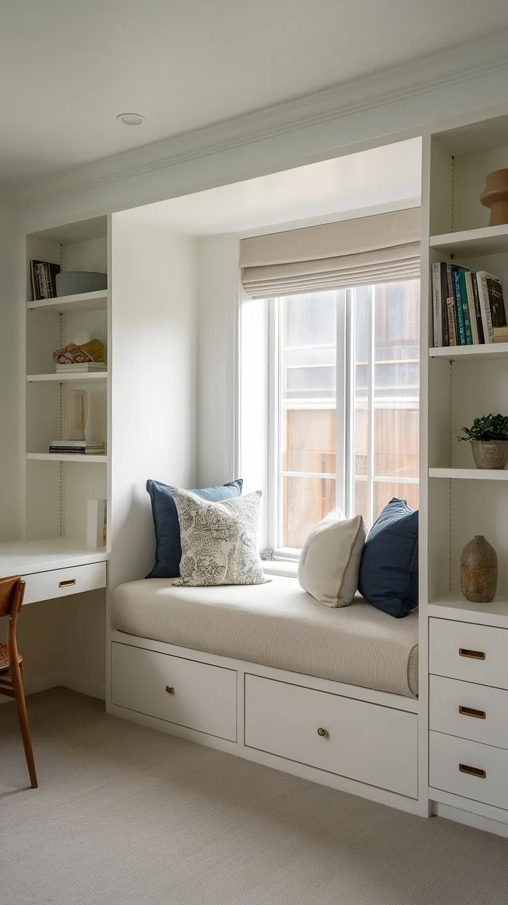 This compact bedroom ideas masterpiece features a built-in bed for small bedroom, cleverly built around the window to maximize light and minimize space.  The built-in single bed with storage and integrated desk provide ultimate functionality in this small built-in bedroom.  The bed with built-in storage is a testament to smart built-in furniture bedroom design, offering a perfect solution for space-saving built-in bed ideas in a den bedroom.