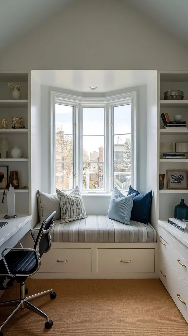 Maximize space and style in this charming den bedroom.  A built-in bed around the window, complete with built-in single bed with storage on either side, offers a clever solution for small built-in bedroom living. This built-in bed for small bedroom is the ultimate space-saving built-in bed idea, showcasing built-in furniture bedroom design at its finest.  The compact desk and chair complete this compact bedroom idea.