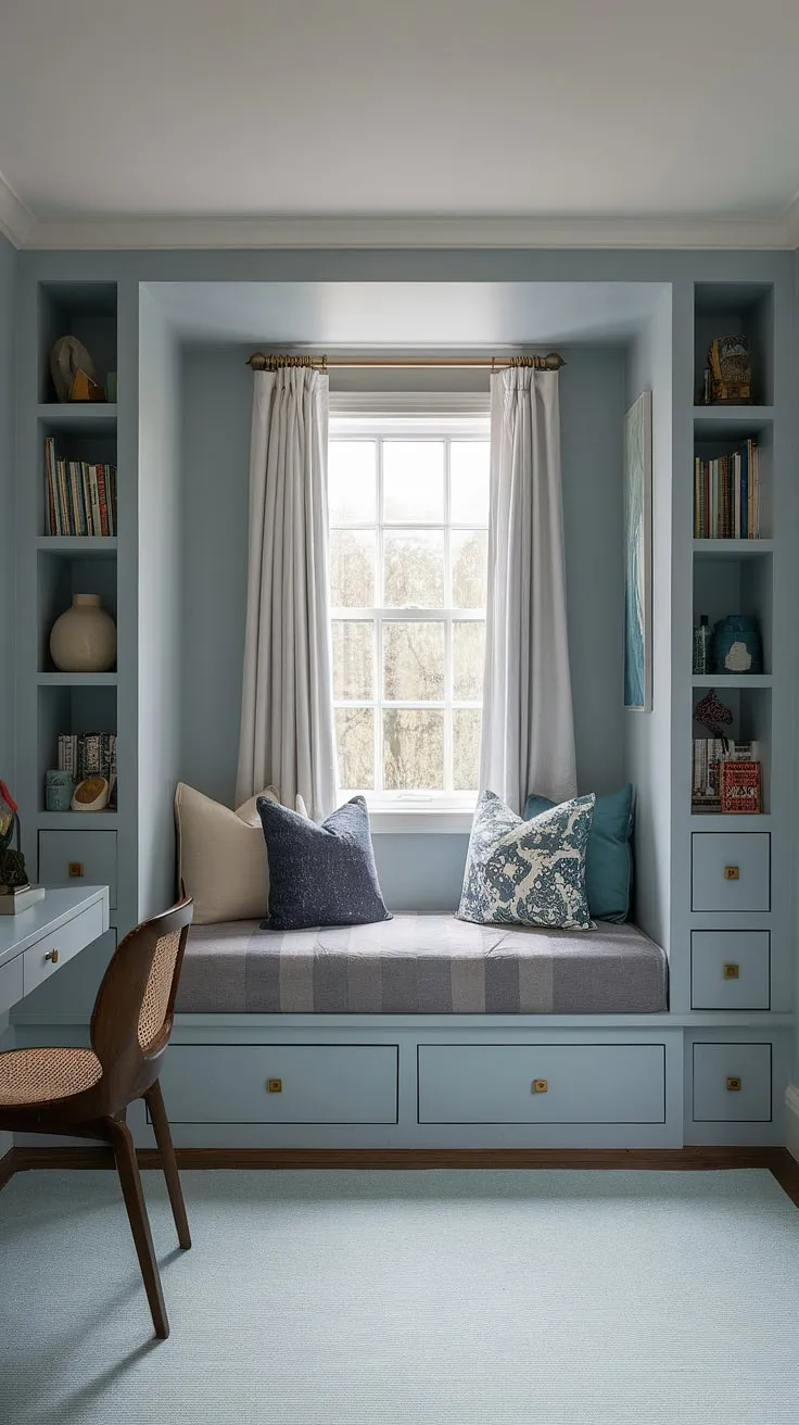 Maximize space and style in this charming den bedroom.  A built-in bed around the window, complete with built-in storage on both sides, creates a small built-in bedroom that's both functional and aesthetically pleasing. This built-in single bed with storage is the perfect space-saving built-in bed idea for compact bedroom ideas, showcasing clever built-in furniture bedroom design.