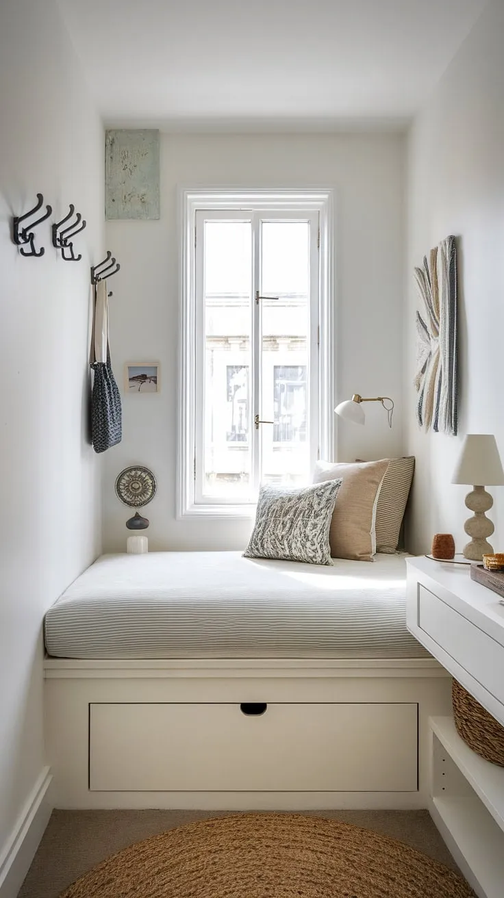 Maximize space and style in this charming den bedroom!  This built-in bed for small bedroom, nestled around the window, offers a unique and space-saving solution. The built-in single bed with storage provides ample room for belongings, making it the perfect built-in bed small room solution.  Clever built-in furniture bedroom design showcases compact bedroom ideas and space-saving built-in bed ideas at their finest.