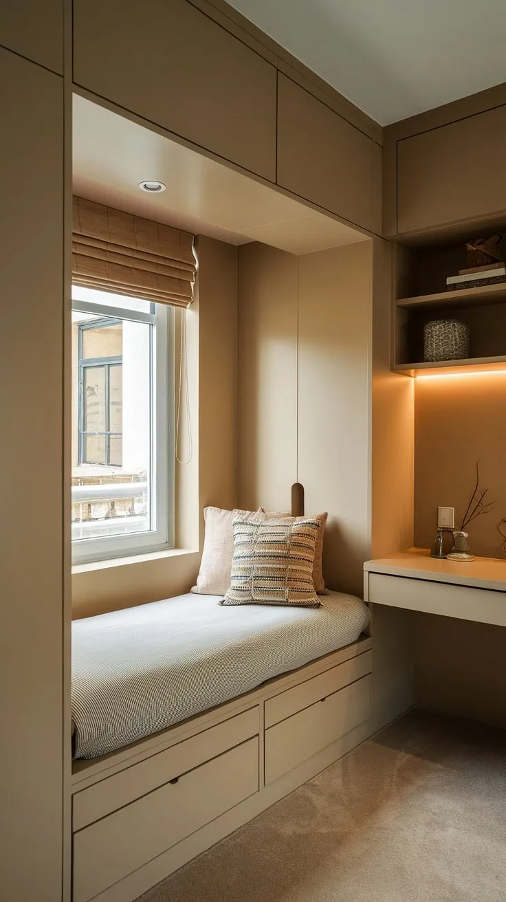 Cozy and functional, this den bedroom maximizes space with a built-in single bed around the window.  The built-in bed for small bedroom features clever storage, showcasing brilliant compact bedroom ideas and space-saving built-in bed ideas.  Built-in furniture bedroom solutions like this built-in bed with storage and a built-in wardrobe transform a small built-in bedroom into a haven of calm.