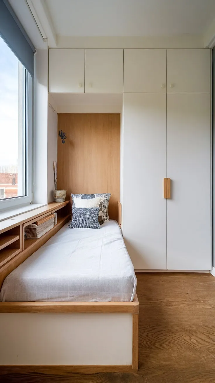 This compact bedroom design is the epitome of efficient living.  The built-in single bed with storage and built-in furniture bedroom are seamlessly integrated, creating a small built-in bedroom that feels surprisingly spacious.  The built-in bed around window adds a touch of elegance, while the built-in bed for small bedroom solution offers ample storage.  Explore these space-saving built-in bed ideas and compact bedroom ideas for your own inspiring transformation.  This den bedroom proves that a bed with built-in storage can be both stylish and practical.