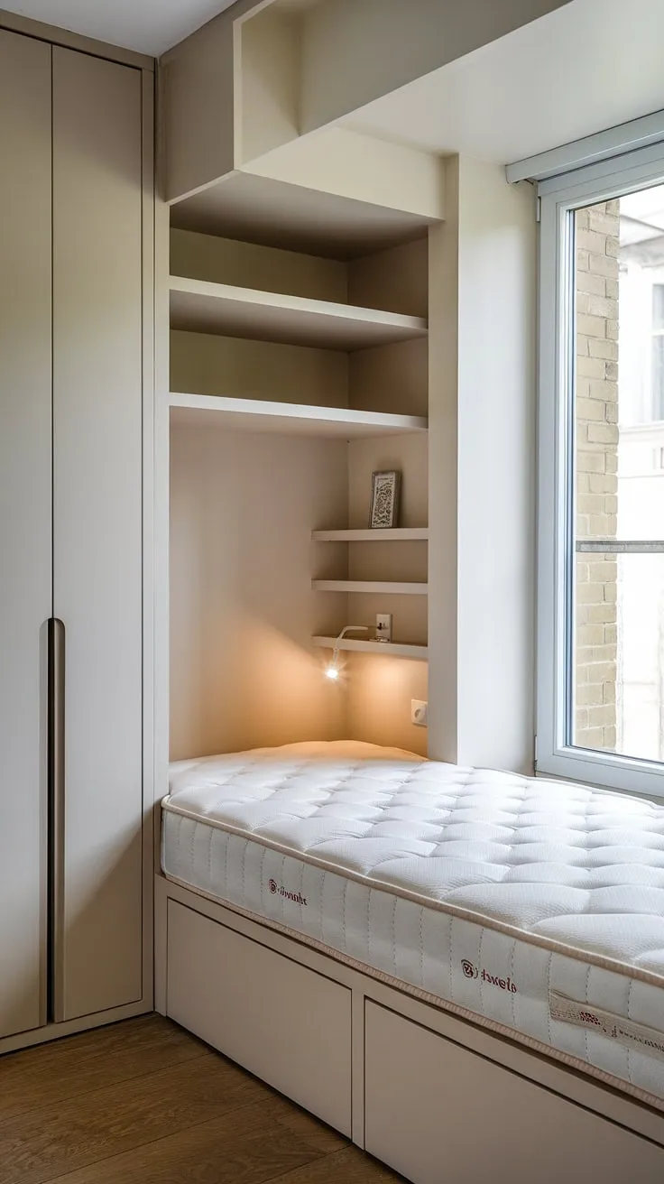 Maximize space and minimize clutter in this dreamy den bedroom.  A built-in bed for small bedrooms, cleverly wrapped around the window, offers a unique and cozy sleeping space.  Built-in shelves above provide ample storage, while the built-in single bed with storage and slimline wardrobe showcase smart built-in furniture bedroom solutions. This compact bedroom idea, featuring a space-saving built-in bed, is the perfect example of how a built-in bed around window can transform a small built-in bedroom into a haven of calm.  The bed with built-in storage ensures everything is neatly tucked away, making this built-in bed small room feel surprisingly spacious.