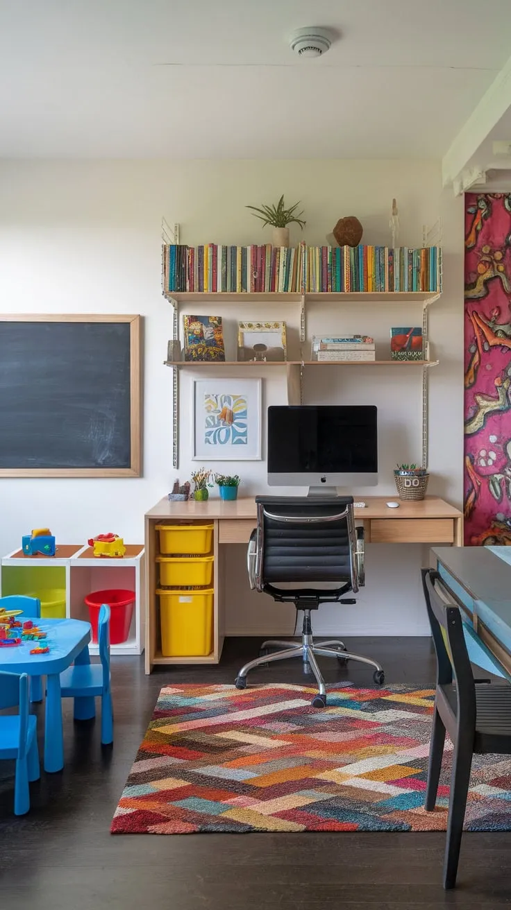 A vibrant home office seamlessly blends work space with a kids' play area and dining space in one sunlit room