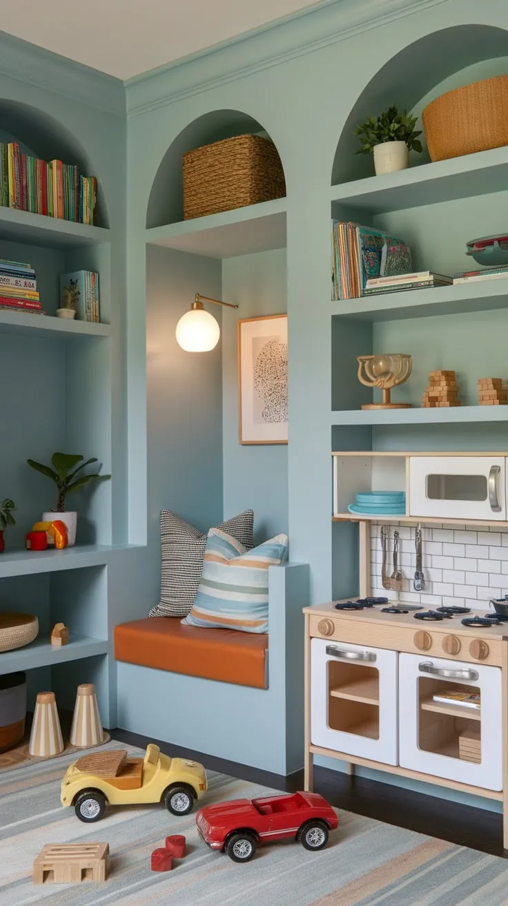 A small, vibrant playroom combines built-in storage, a reading nook, and diverse toys in a soothing blue space.