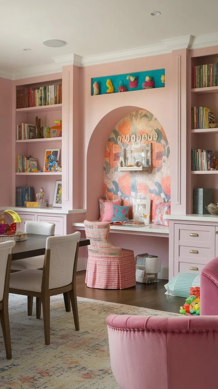 A soft pink Den Playroom Combo seamlessly blends home office, dining, and playful library areas with built-ins, a reading nook, and colorful kid-friendly features
