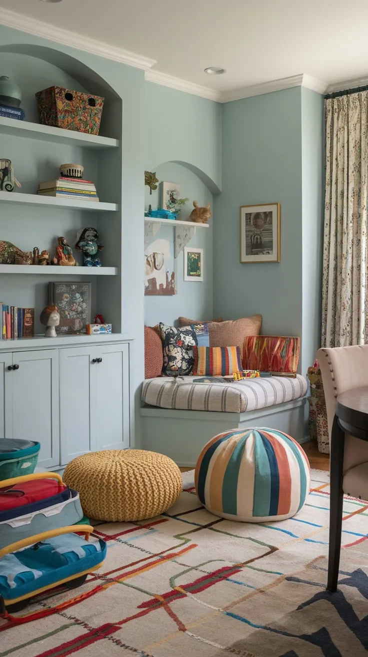 A calming blue den seamlessly blends playroom fun, a home office, and dining space with built-ins, comfy nooks, and eclectic furniture