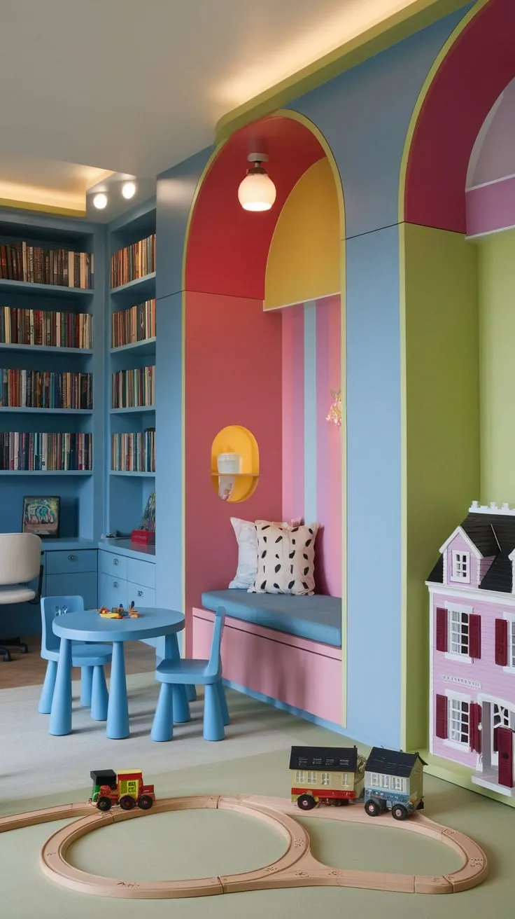 A vibrant small playroom seamlessly blends a home office, kids' reading nook, and toy library in a space bathed in soft light