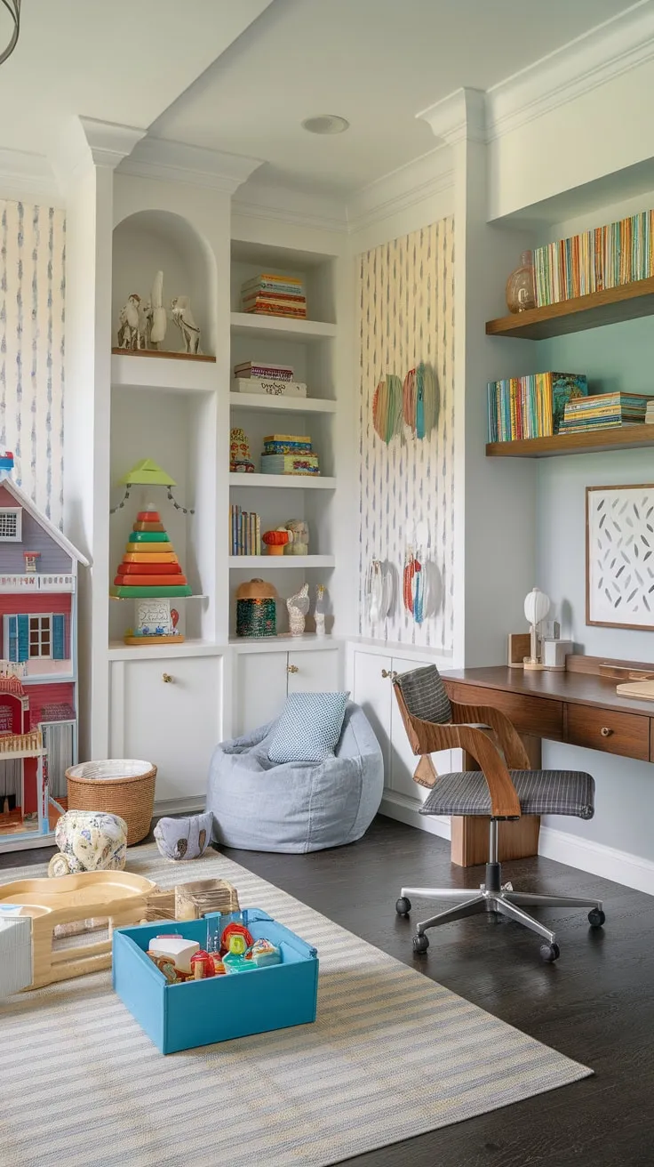 A vibrant Den Playroom Combo seamlessly blends a functional home office with a playful child's space, featuring built-in storage and cozy reading nooks