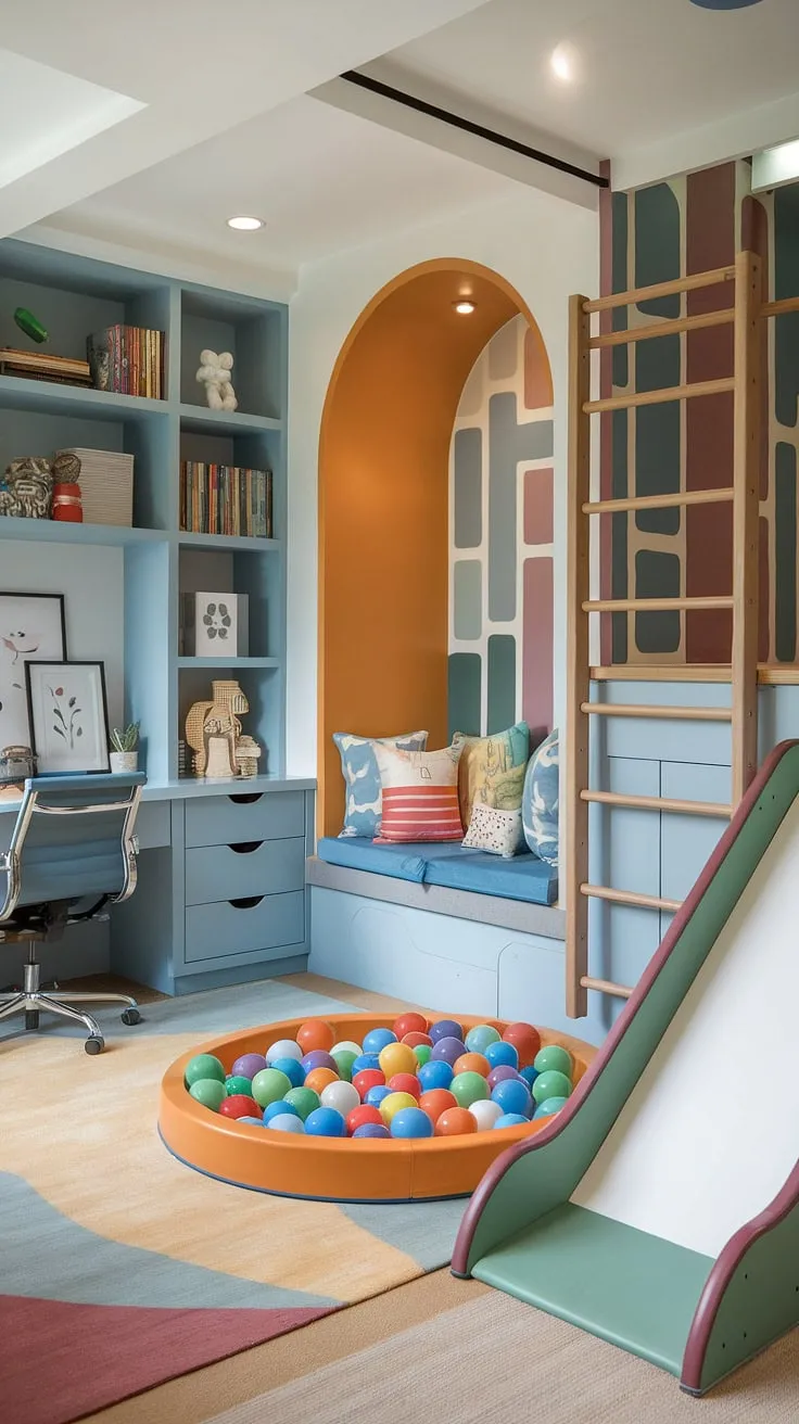 This den playroom combo is the ultimate space-saving solution!  Clever built-ins maximize storage, while a vibrant color palette and dedicated kids play area, complete with slide and ball pit, create a fun and functional environment. The kids reading nook adds a touch of whimsy, transforming this small playroom design into a library playroom and home office playroom combo, offering endless playroom inspiration.