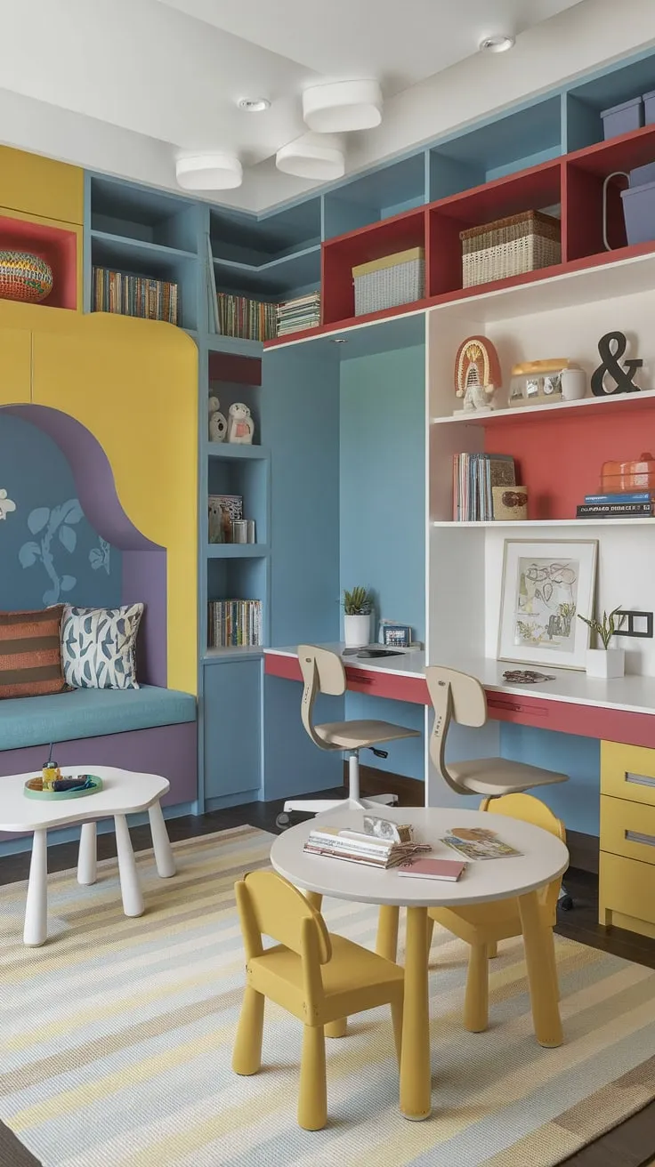 Transforming a small space into a dynamic dining room playroom is easier than you think! This home office playroom combo showcases smart playroom built-ins, a dedicated kids reading nook, and a charming library playroom, all while providing ample space for work and play.  Get playroom inspiration from this colorful playroom ideas and small playroom design, perfect for creating the ultimate kids play area.