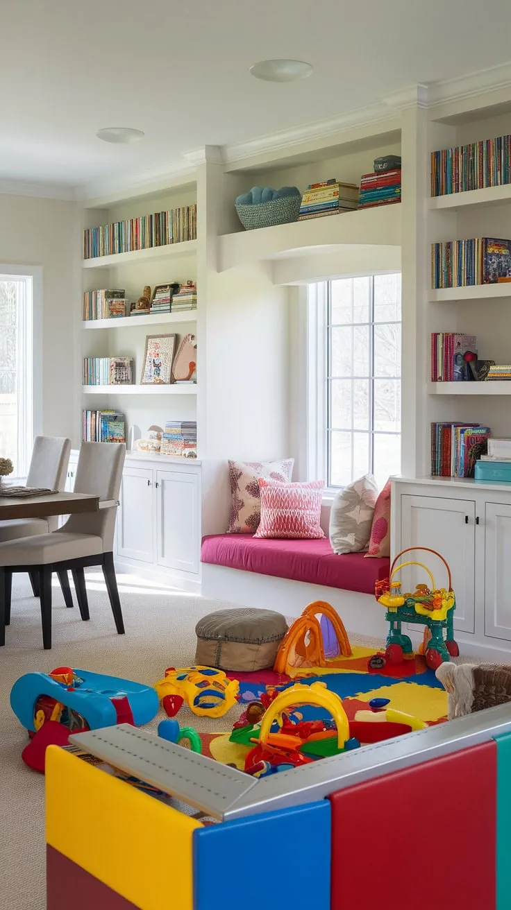 Dreamy dining room playroom? Check!  This home office playroom combo offers the ultimate in family-friendly design.  The vibrant kids play area, featuring colorful playroom ideas and a charming kids reading nook, is perfectly complemented by built-in shelves overflowing with books, creating a delightful library playroom atmosphere.  This small playroom design is brimming with playroom inspiration, showcasing how to maximize space and create a truly magical den playroom combo.
