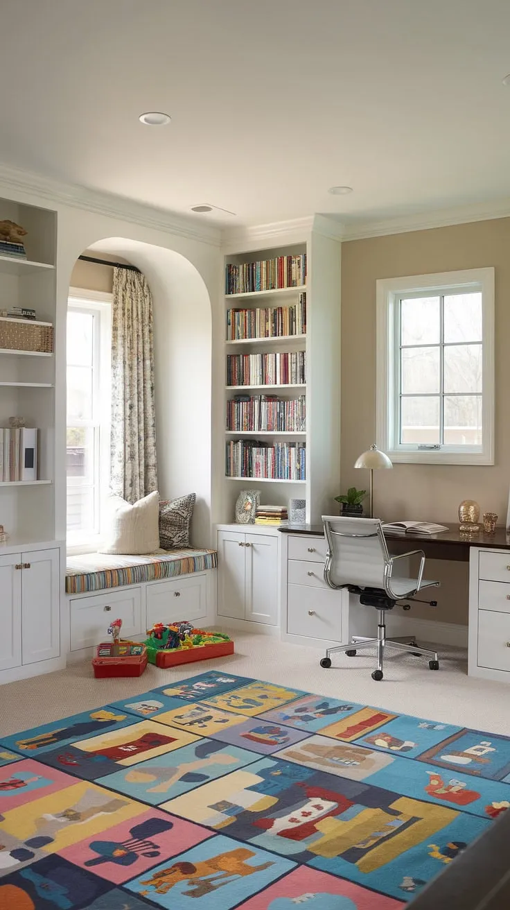 This den playroom combo is the ultimate space-saving solution!  Clever playroom built-ins maximize storage, while a dedicated kids play area and cozy kids reading nook create distinct zones for work, play, and relaxation.  This home office playroom combo offers colorful playroom ideas perfect for small playroom design, transforming a single room into a vibrant and functional hub for the whole family.  The library playroom feel adds a touch of sophistication, making it a truly inspiring playroom inspiration.