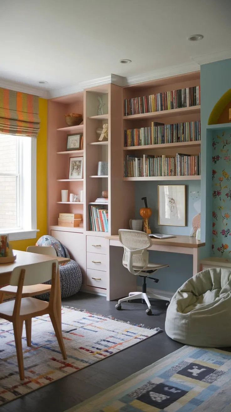 This compact Den Playroom Combo cleverly unites workspace, dining, and playful reading areas within a colorful, functional design.