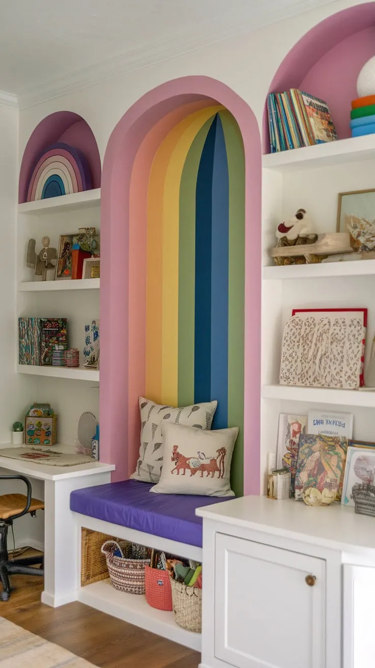 A cozy rainbow-themed Den Playroom Combo cleverly blends a home office, dining area, built-in shelves, and reading nook for playful learning and family fun
