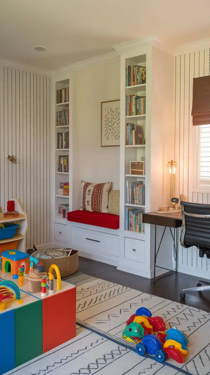 A vibrant Den Playroom Combo seamlessly blends a child's playful haven with a functional home office, featuring dedicated zones for learning, creativity, and work.