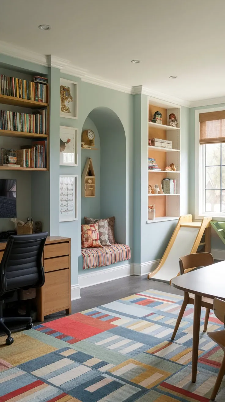 A calming blue home office seamlessly blends with a playful kids' area featuring a slide and built-in shelves, creating the ultimate Den Playroom Combo