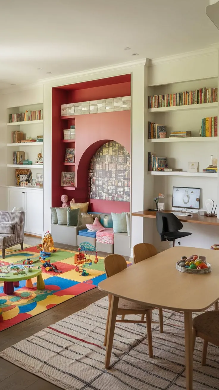A Den Playroom Combo seamlessly blends playful learning, productive work, and family dining in one vibrant space
