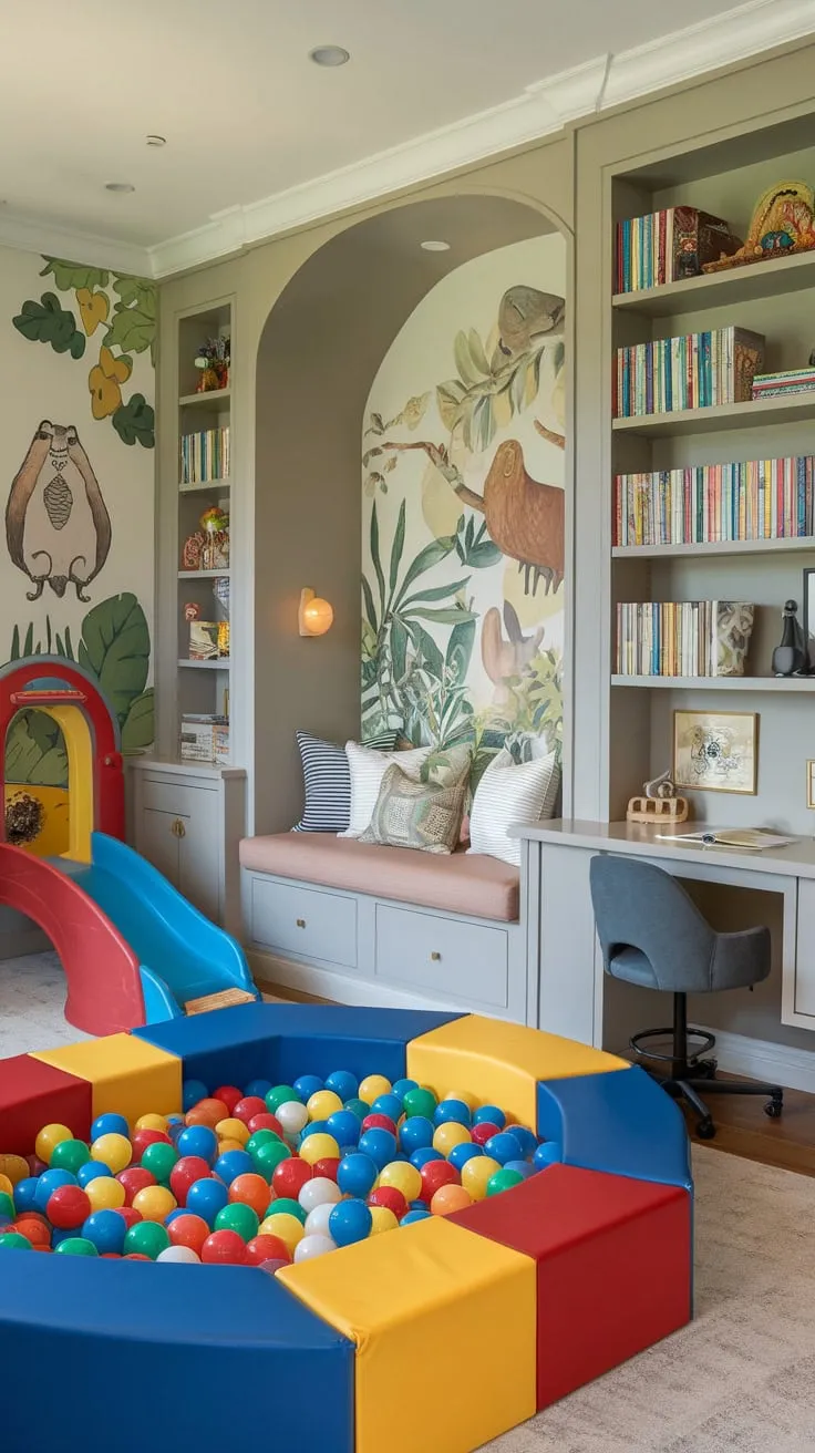 This multi-functional Den Playroom Combo boasts a playful atmosphere with a slide and ball pit, alongside a practical workspace and comfortable dining space.