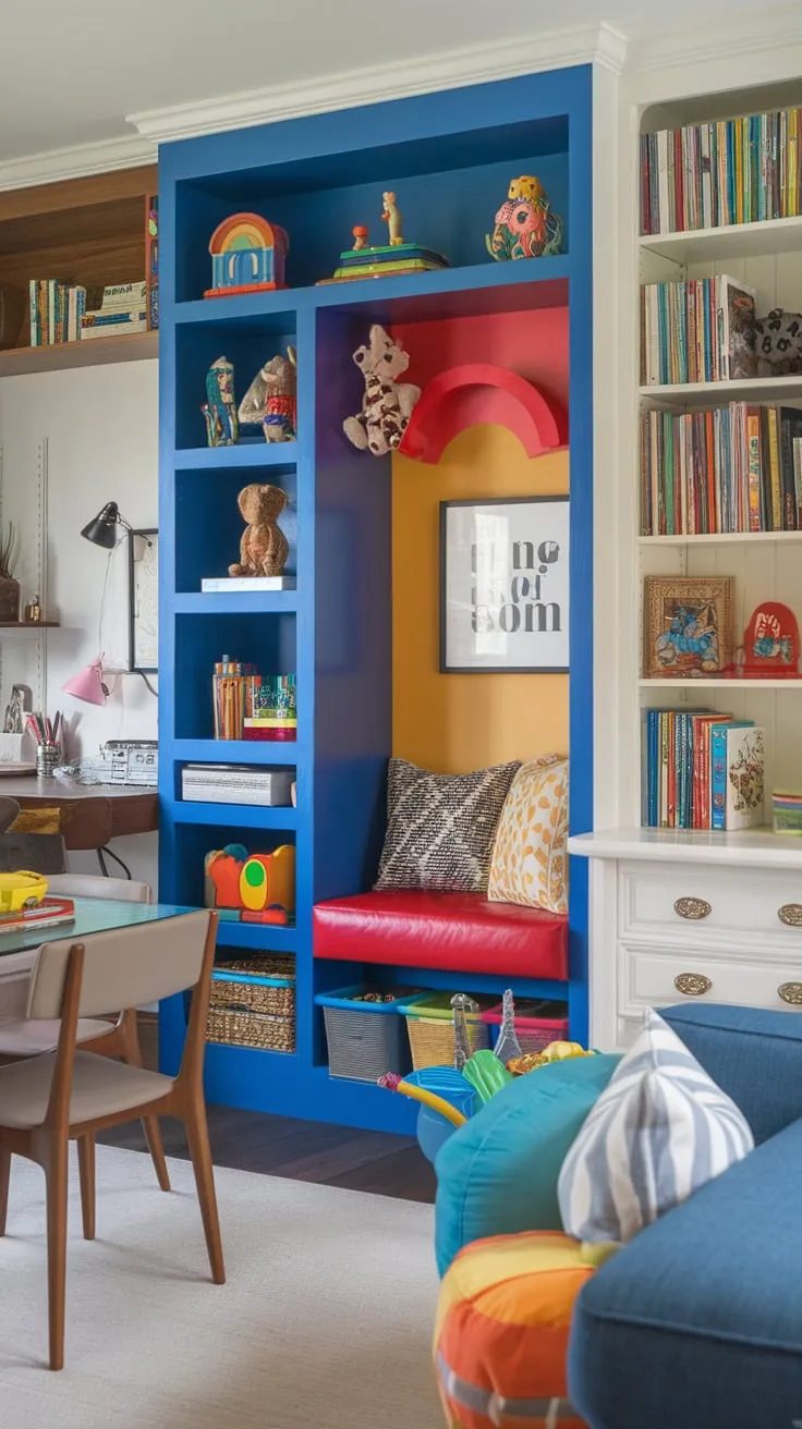 A cleverly designed Den Playroom Combo maximizes a small space, seamlessly integrating a home office, dining area, and vibrant kids' play zone with built-ins and reading nook.
