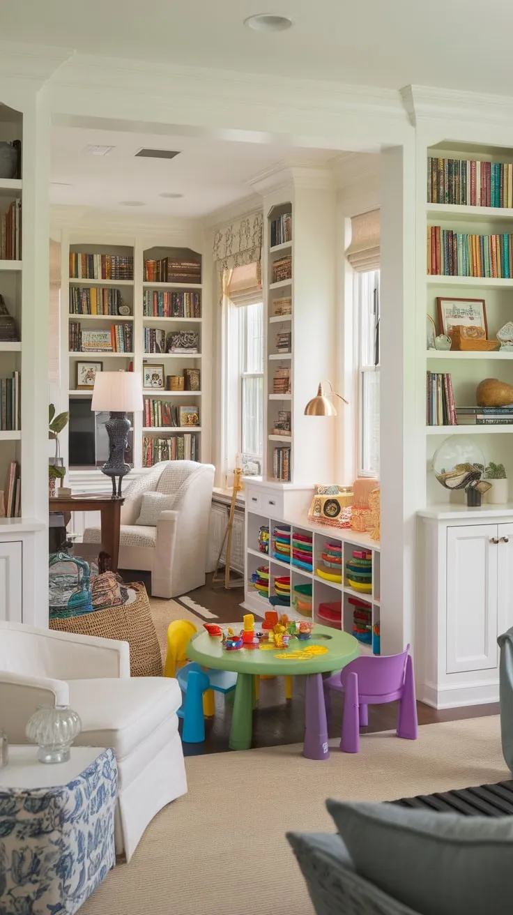 This Den Playroom Combo offers a stylish and functional space combining a home office, playful children's area, and cozy reading nook.